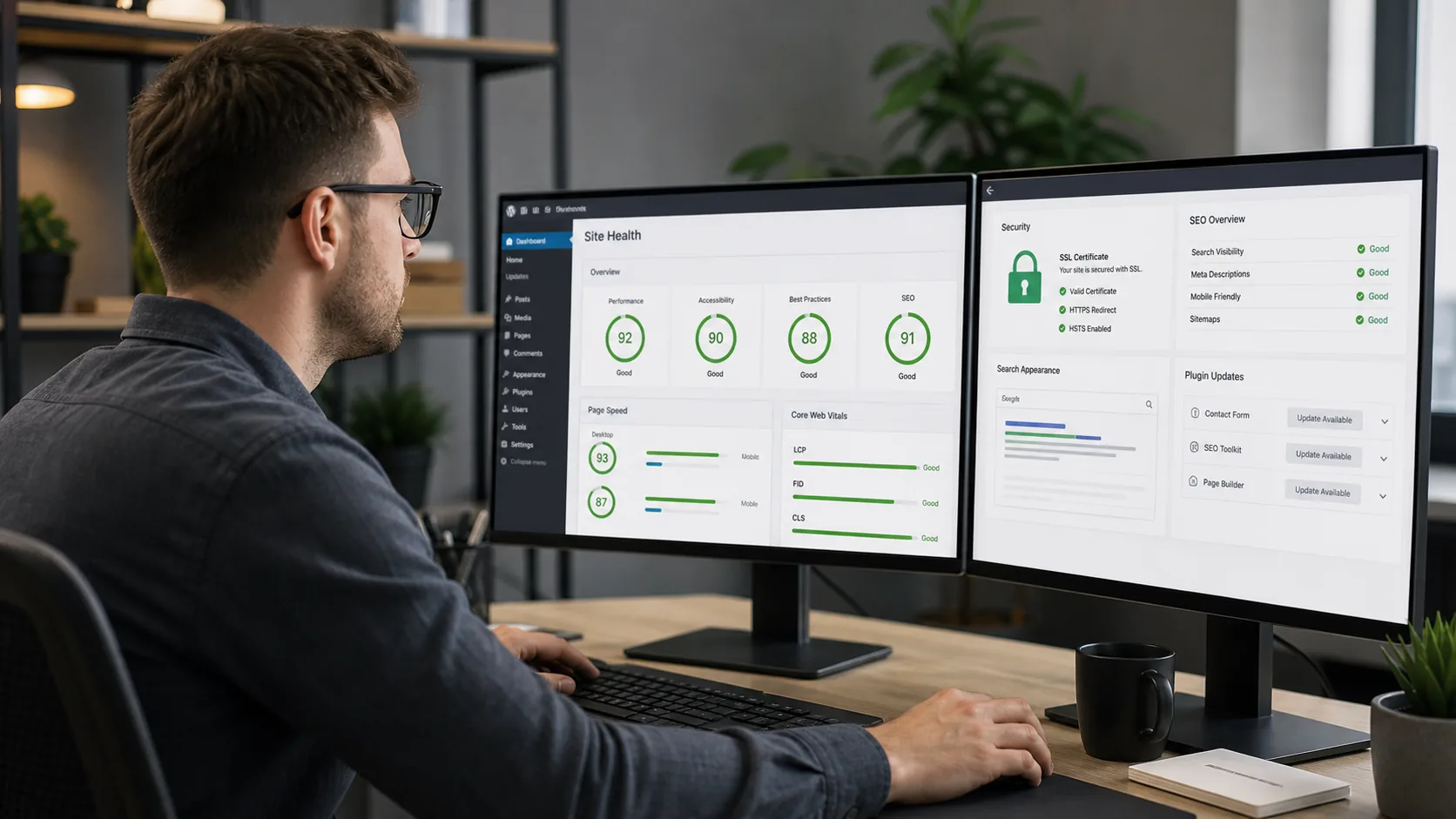 Developer checking website SEO security and performance