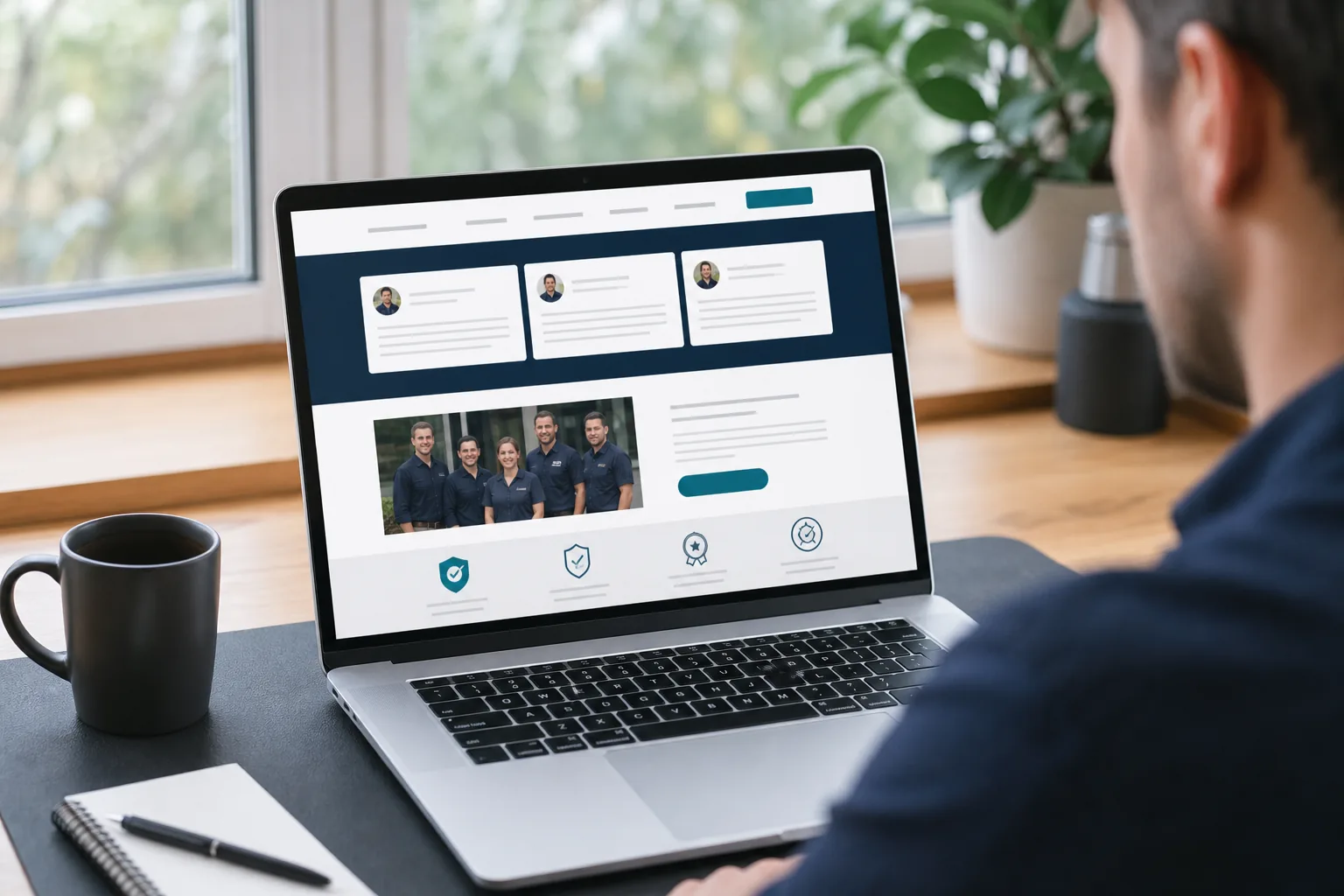 Service business website displaying reviews, team photos and trust signals