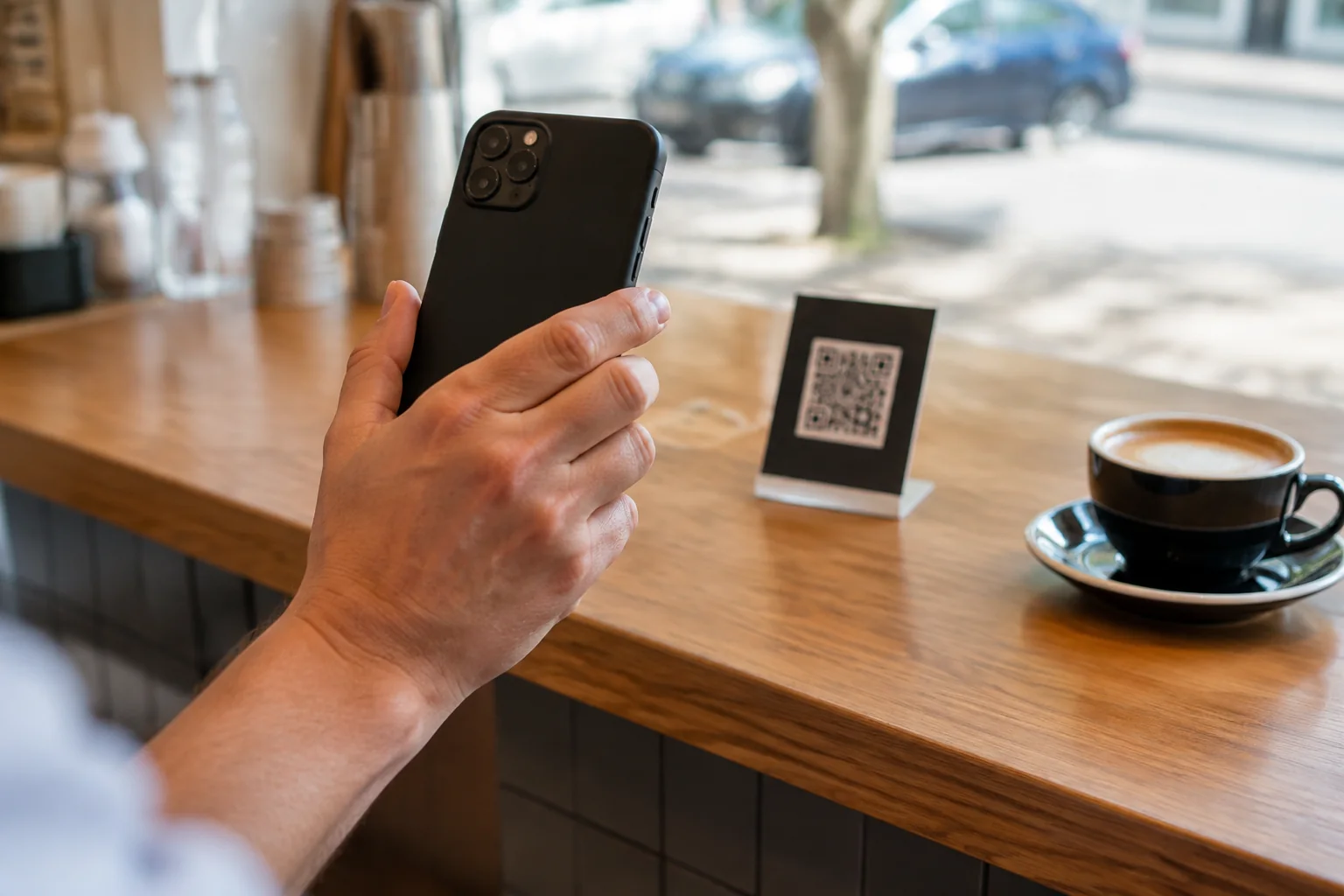 Customer scanning a QR card with a smartphone at a cafe counter