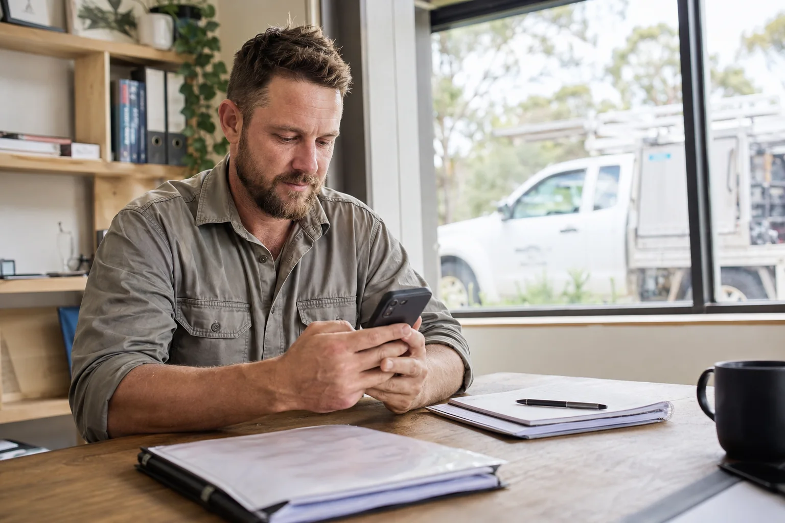 Tradesperson sending a customer follow-up message on a smartphone