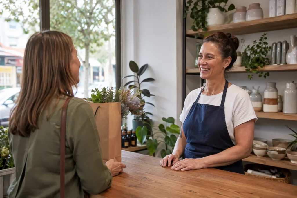 Shop owner speaking with a customer at a homewares counter